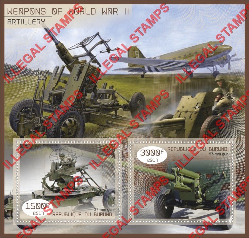 Burundi 2017 Weapons of World War II Artillery Counterfeit Illegal Stamp Souvenir Sheet of 2