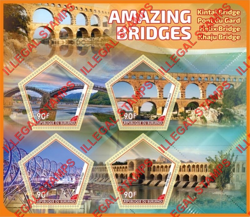 Burundi 2018 Bridges Amazing Counterfeit Illegal Stamp Souvenir Sheet of 4