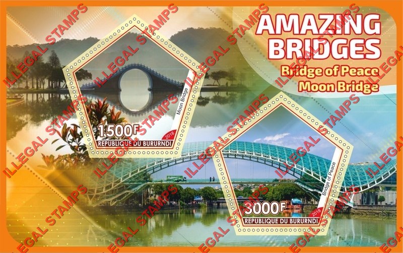 Burundi 2018 Bridges Amazing Counterfeit Illegal Stamp Souvenir Sheet of 2