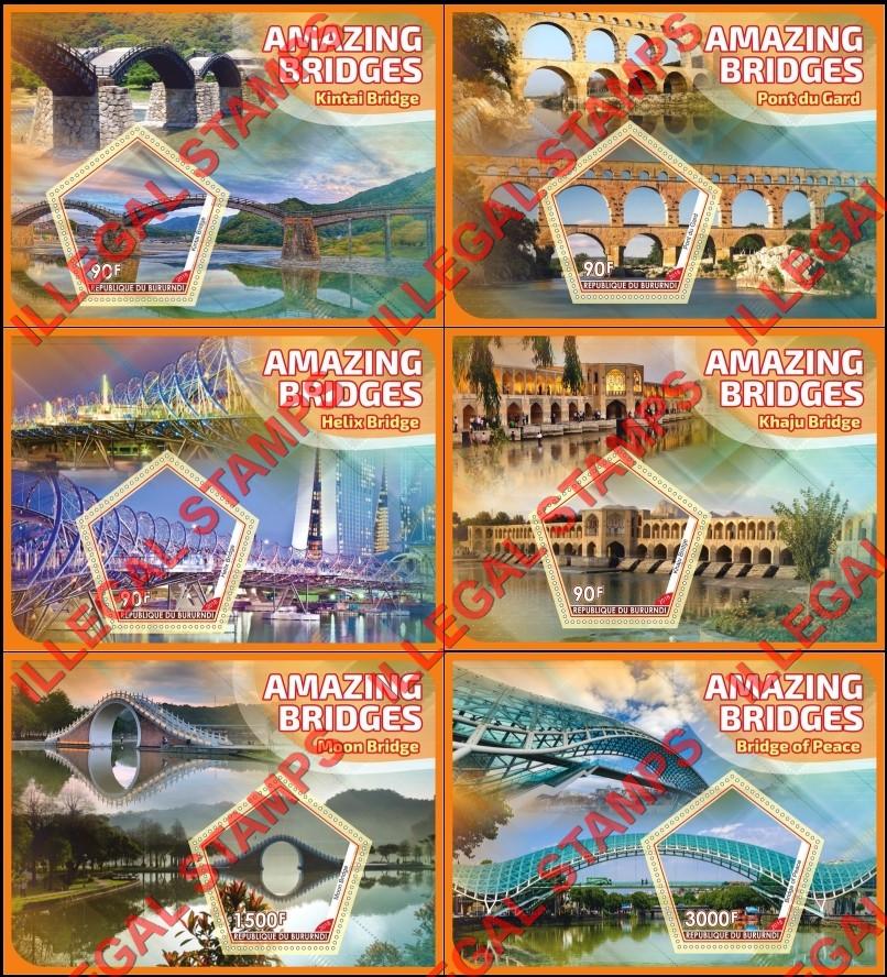 Burundi 2018 Bridges Amazing Counterfeit Illegal Stamp Souvenir Sheets of 1