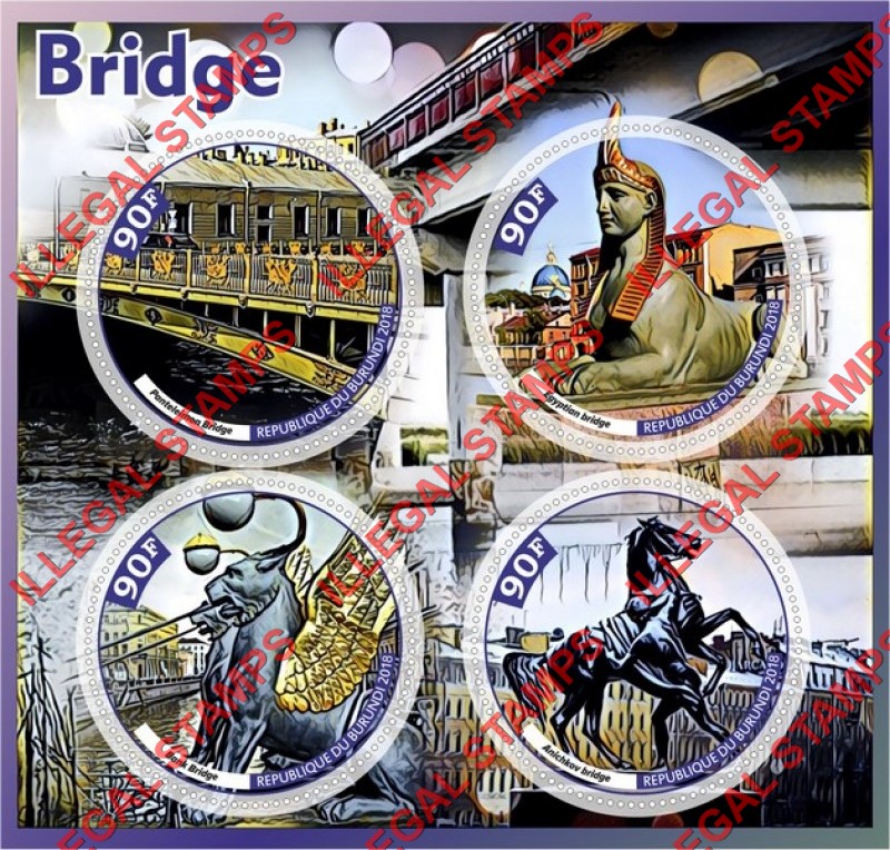 Burundi 2018 Bridges Counterfeit Illegal Stamp Souvenir Sheet of 4