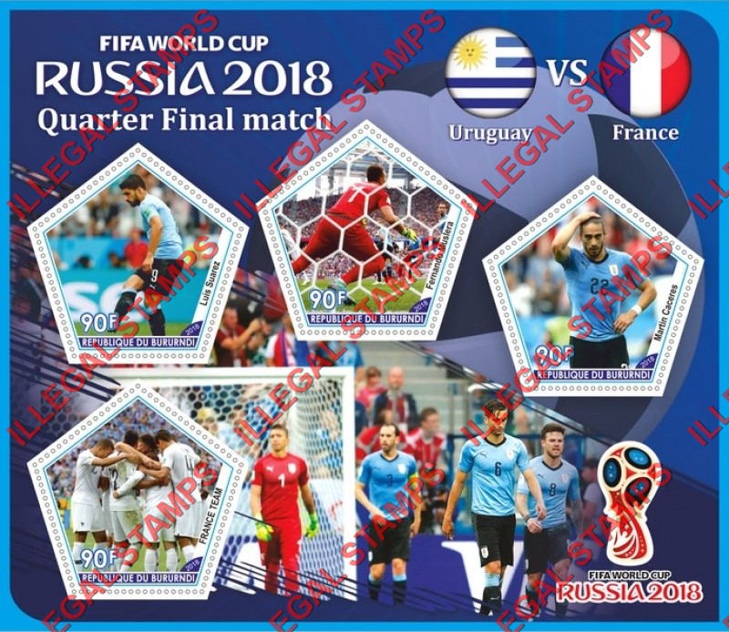 Burundi 2018 FIFA World Cup Soccer in Russia Quarter Final Match Counterfeit Illegal Stamp Souvenir Sheet of 4