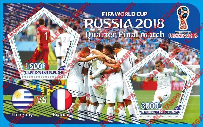 Burundi 2018 FIFA World Cup Soccer in Russia Quarter Final Match Counterfeit Illegal Stamp Souvenir Sheet of 2