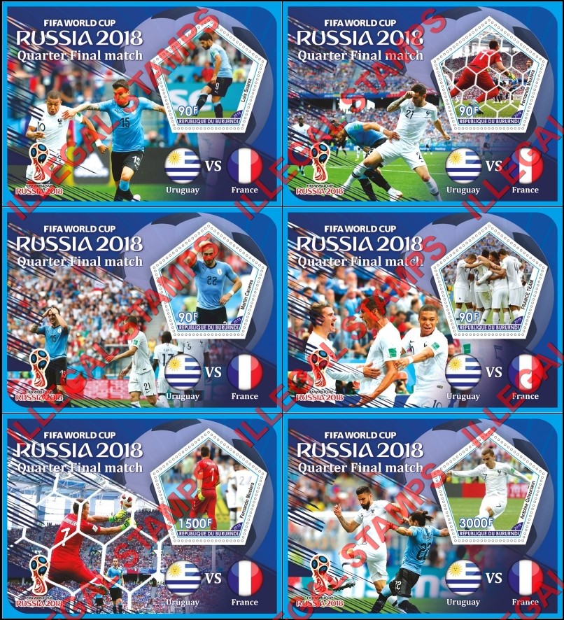 Burundi 2018 FIFA World Cup Soccer in Russia Quarter Final Match Counterfeit Illegal Stamp Souvenir Sheets of 1