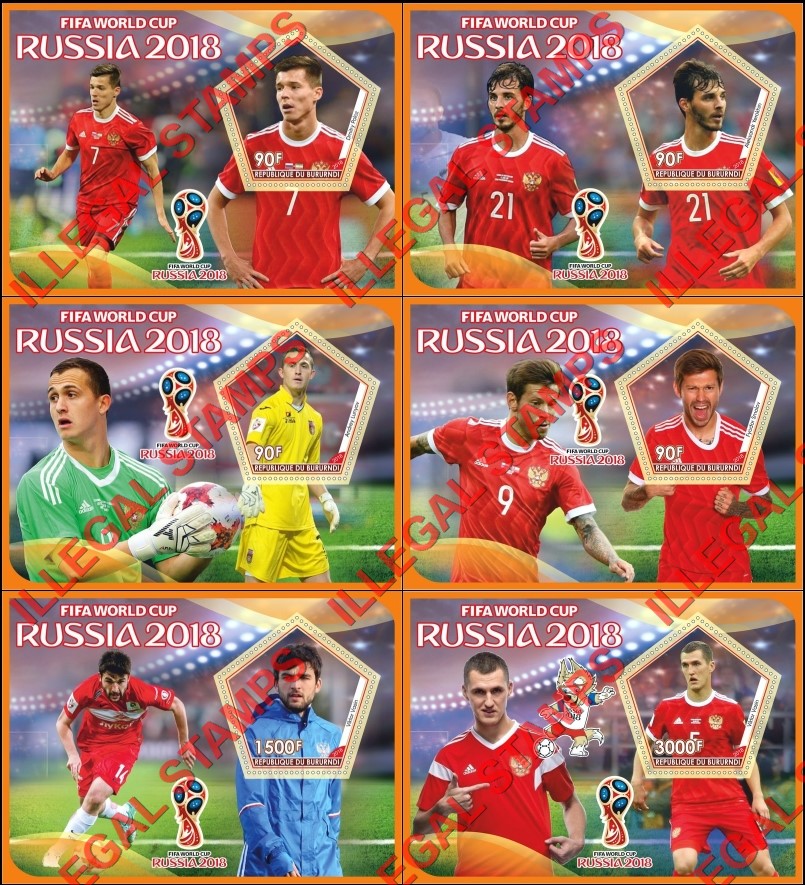 Burundi 2018 FIFA World Cup Soccer in Russia Counterfeit Illegal Stamp Souvenir Sheets of 1