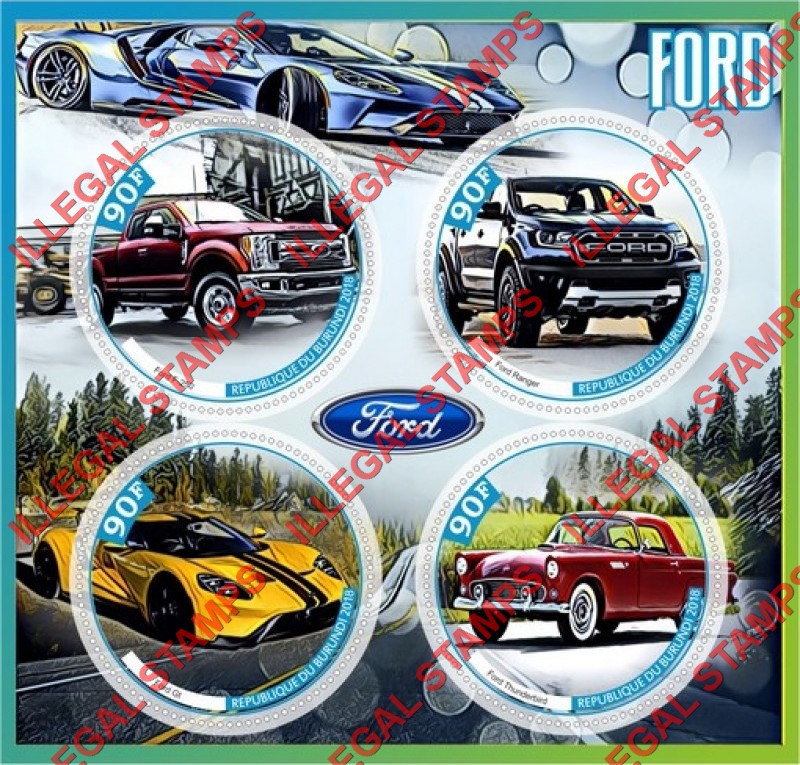 Burundi 2018 Ford Cars and Trucks Counterfeit Illegal Stamp Souvenir Sheet of 4