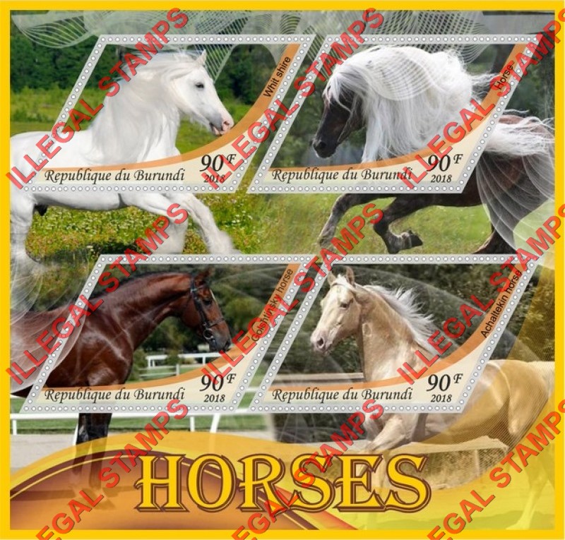 Burundi 2018 Horses Counterfeit Illegal Stamp Souvenir Sheet of 4