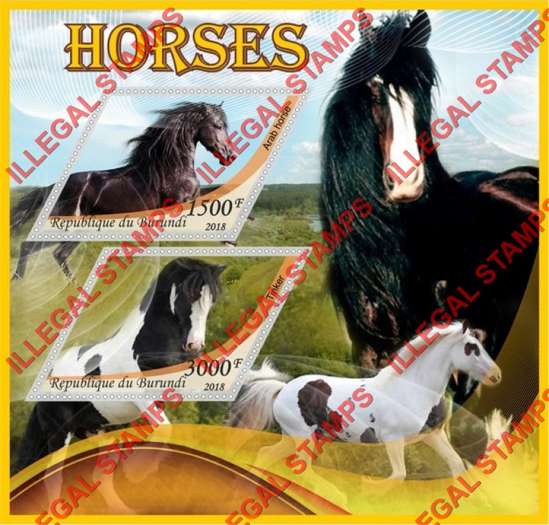 Burundi 2018 Horses Counterfeit Illegal Stamp Souvenir Sheet of 2