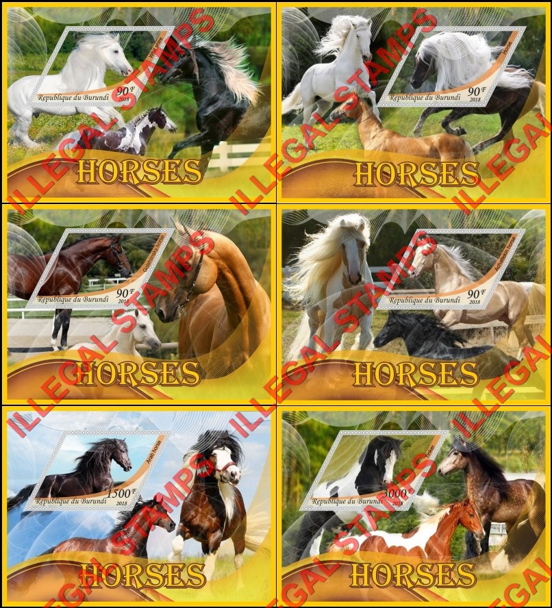 Burundi 2018 Horses Counterfeit Illegal Stamp Souvenir Sheets of 1