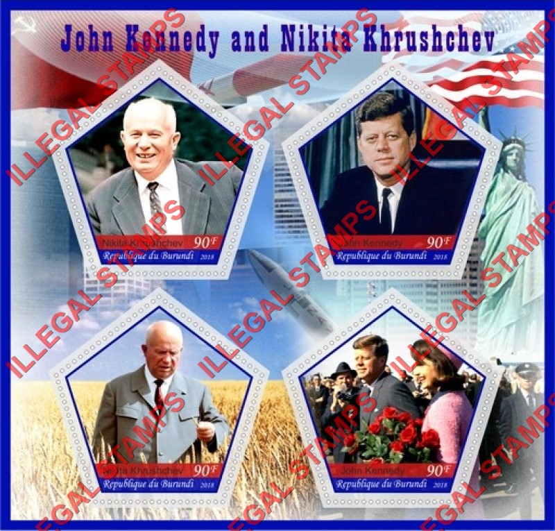Burundi 2018 John F. Kennedy and Nikita Khrushchev Counterfeit Illegal Stamp Souvenir Sheet of 4