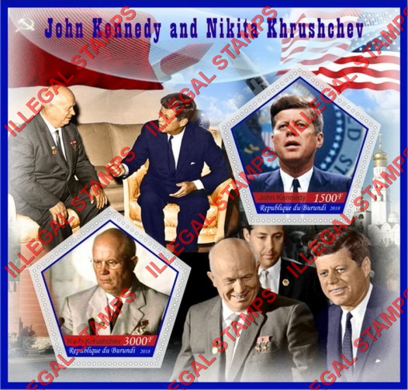 Burundi 2018 John F. Kennedy and Nikita Khrushchev Counterfeit Illegal Stamp Souvenir Sheet of 2