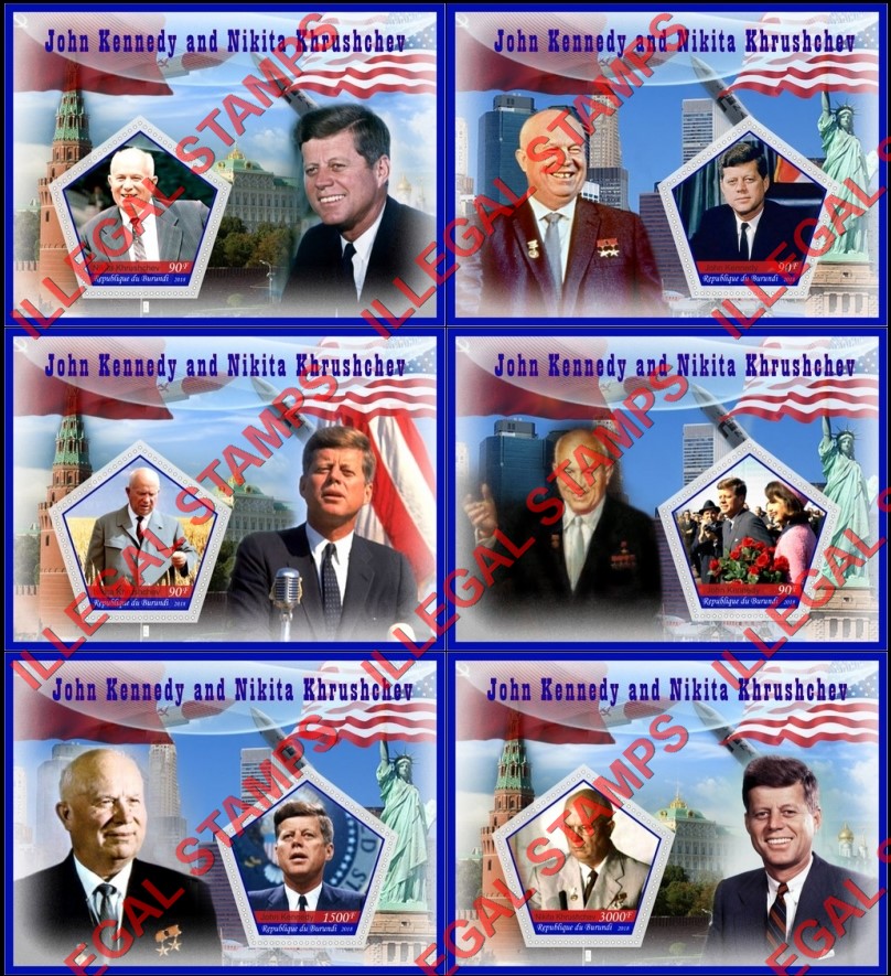 Burundi 2018 John F. Kennedy and Nikita Khrushchev Counterfeit Illegal Stamp Souvenir Sheets of 1