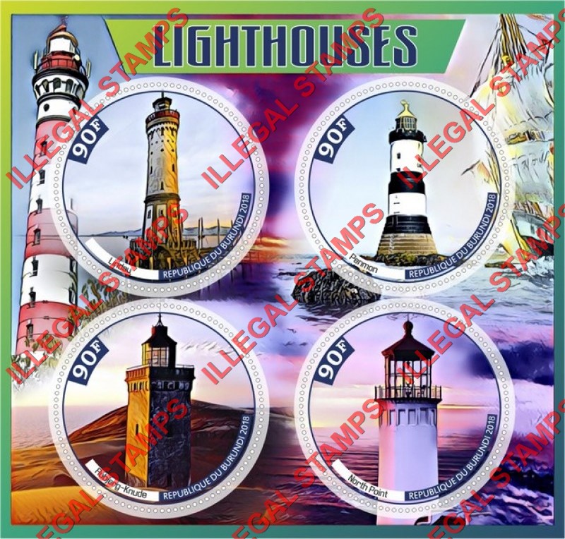 Burundi 2018 Lighthouses (different) Counterfeit Illegal Stamp Souvenir Sheet of 4