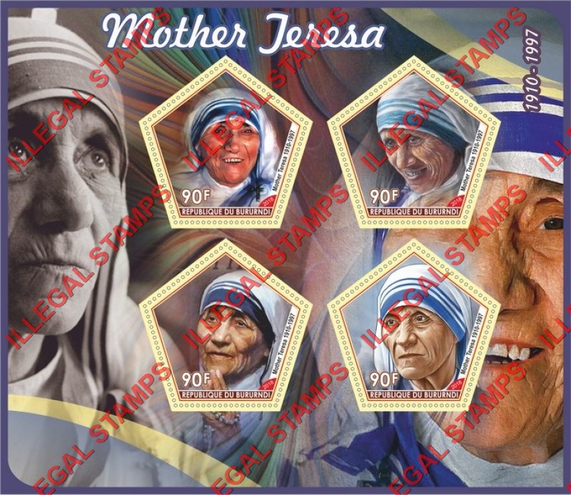 Burundi 2018 Mother Teresa Counterfeit Illegal Stamp Souvenir Sheet of 4