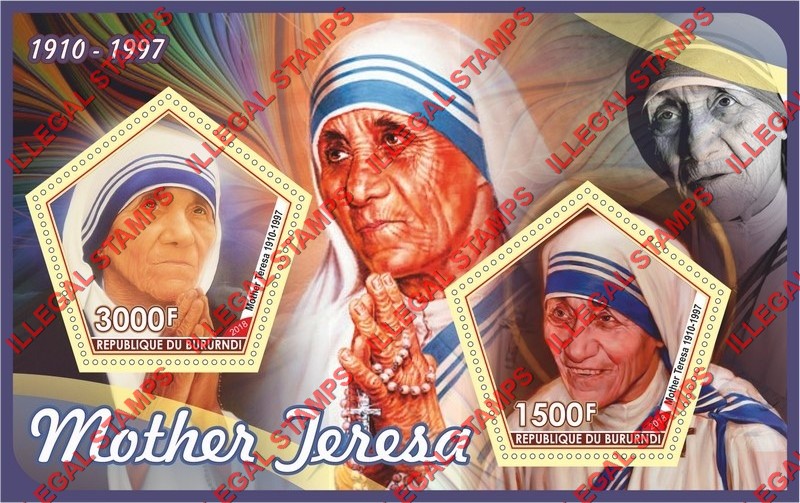 Burundi 2018 Mother Teresa Counterfeit Illegal Stamp Souvenir Sheet of 2