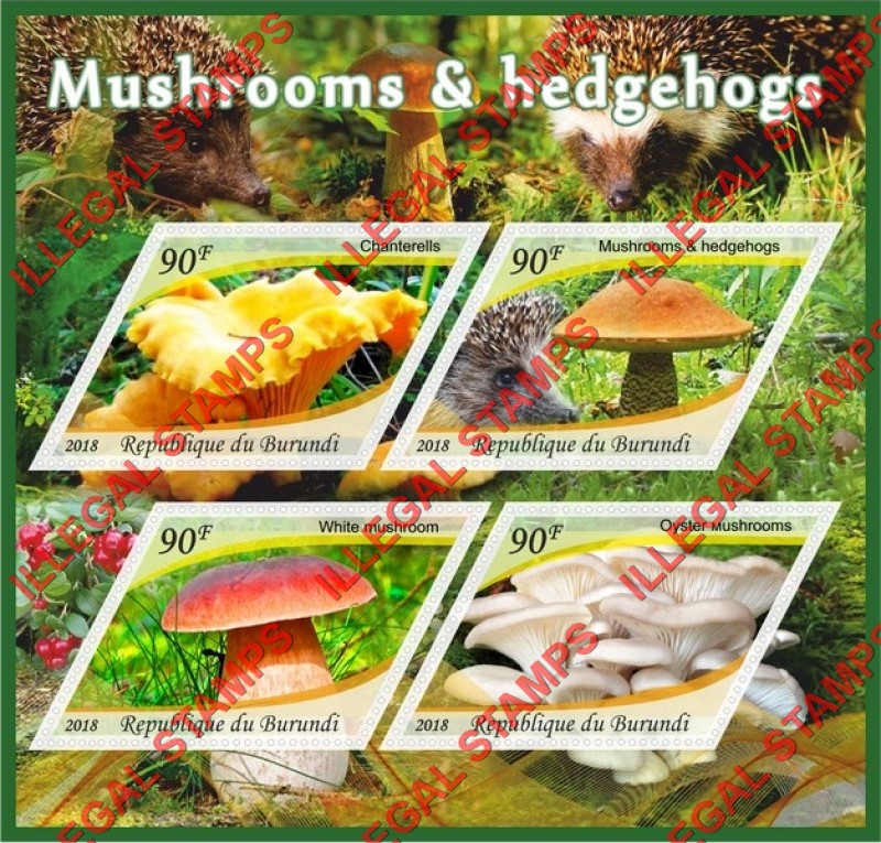 Burundi 2018 Mushrooms and Hedgehogs Counterfeit Illegal Stamp Souvenir Sheet of 4