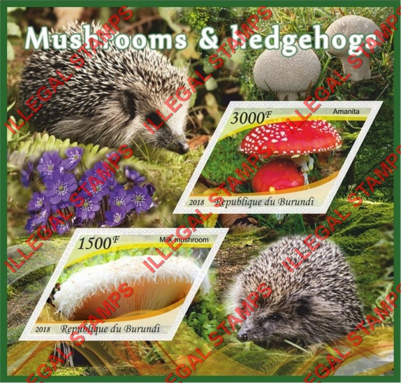 Burundi 2018 Mushrooms and Hedgehogs Counterfeit Illegal Stamp Souvenir Sheet of 2