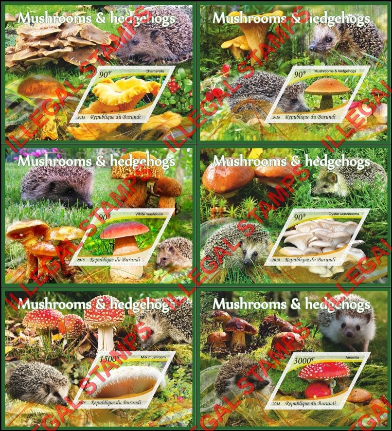 Burundi 2018 Mushrooms and Hedgehogs Counterfeit Illegal Stamp Souvenir Sheets of 1