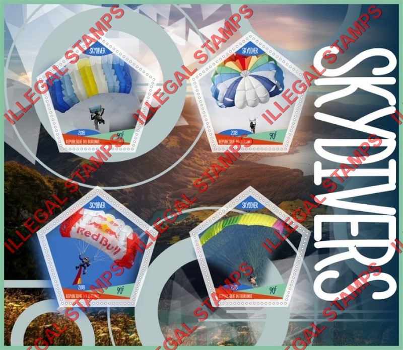 Burundi 2018 Skydivers Parachutes Counterfeit Illegal Stamp Souvenir Sheet of 4