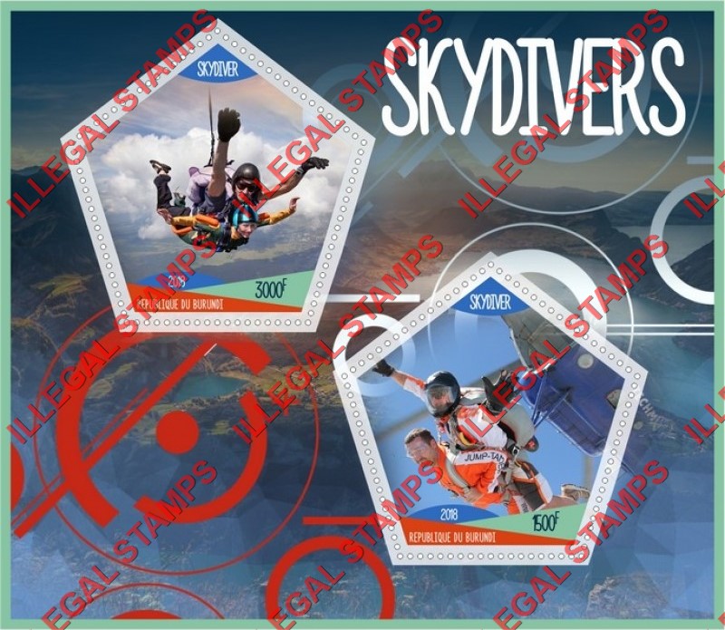 Burundi 2018 Skydivers Parachutes Counterfeit Illegal Stamp Souvenir Sheet of 2