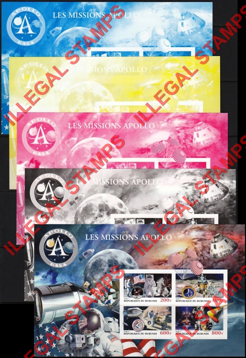 Burundi 2018 Space Apollo Missions Counterfeit Illegal Stamp Souvenir Sheet of 4 Bogus Color Proof Set