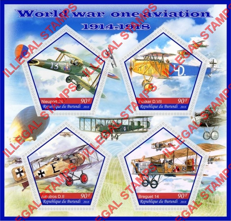 Burundi 2018 World War I Aviation (different) Counterfeit Illegal Stamp Souvenir Sheet of 4
