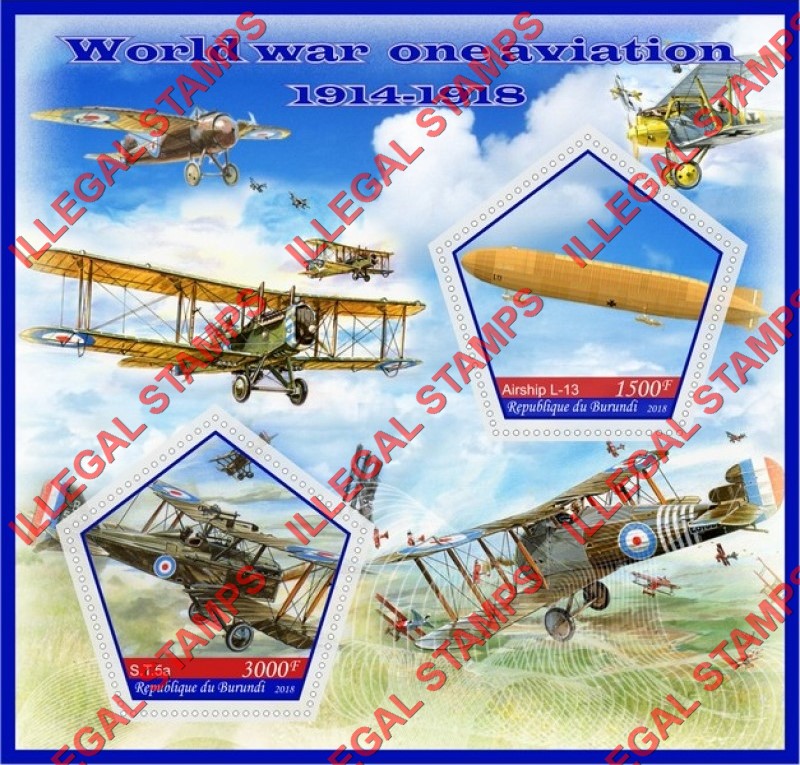 Burundi 2018 World War I Aviation (different) Counterfeit Illegal Stamp Souvenir Sheet of 2