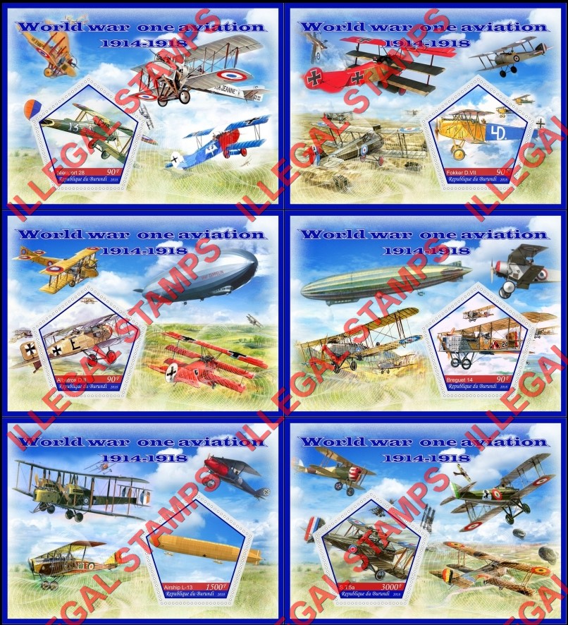 Burundi 2018 World War I Aviation (different) Counterfeit Illegal Stamp Souvenir Sheets of 1