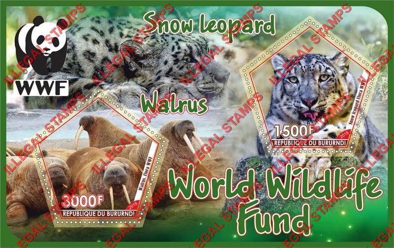 Burundi 2018 World Wildlife Fund (WWF) Animals Counterfeit Illegal Stamp Souvenir Sheet of 2