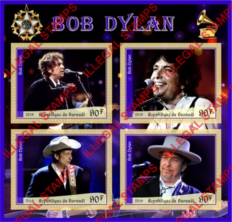 Burundi 2019 Bob Dylan Counterfeit Illegal Stamp Souvenir Sheet of 4