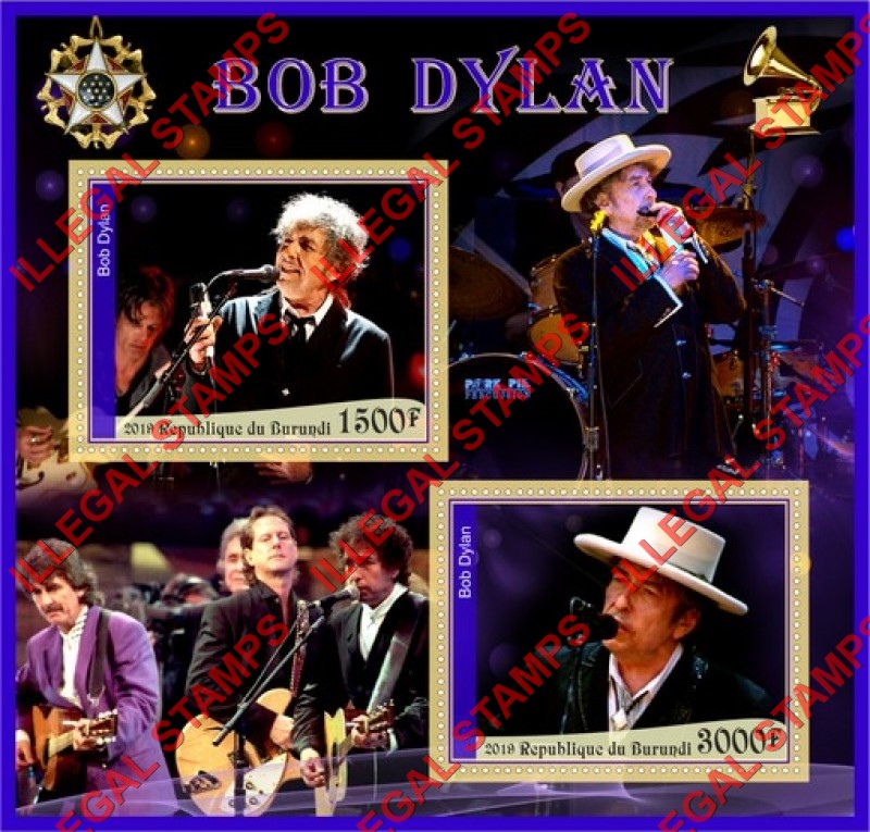 Burundi 2019 Bob Dylan Counterfeit Illegal Stamp Souvenir Sheet of 2