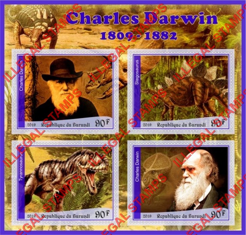 Burundi 2019 Charles Darwin and Dinosaurs Counterfeit Illegal Stamp Souvenir Sheet of 4