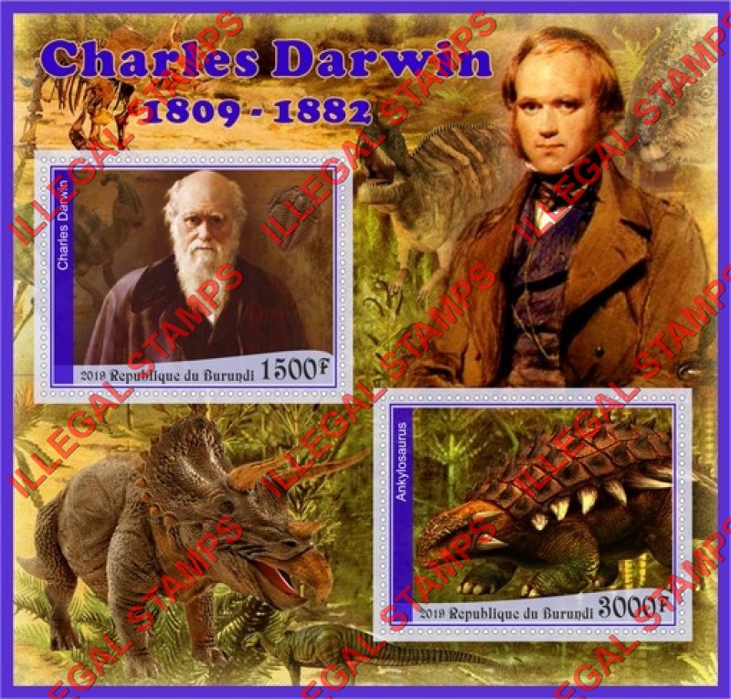 Burundi 2019 Charles Darwin and Dinosaurs Counterfeit Illegal Stamp Souvenir Sheet of 2
