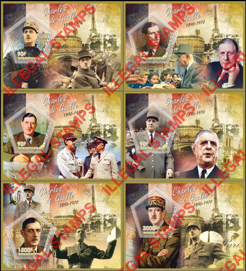 Burundi 2019 Charles de Gaulle Counterfeit Illegal Stamp Souvenir Sheets of 1
