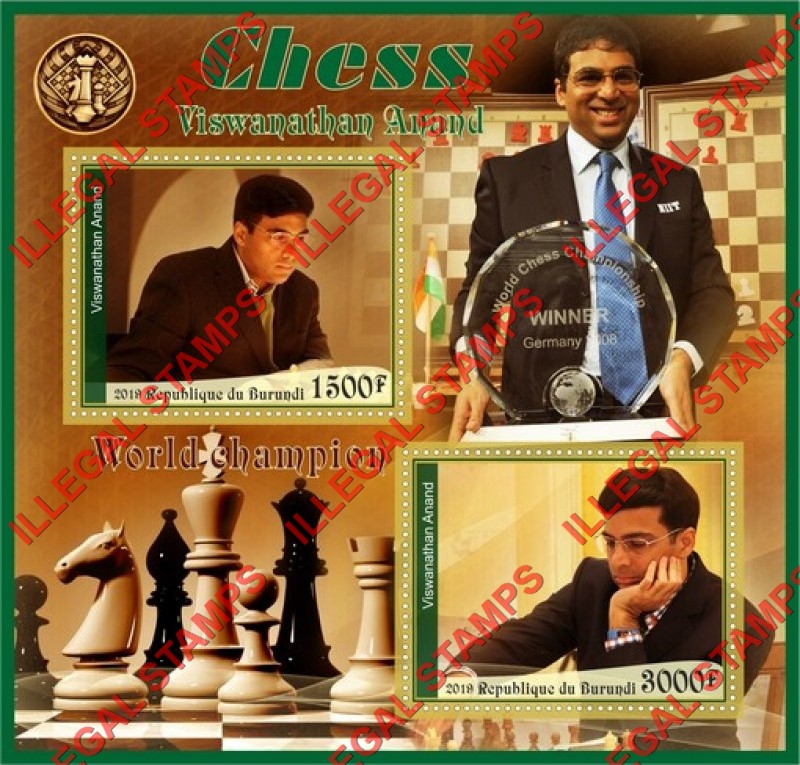 Burundi 2019 Chess Players Viswanathan Anand Counterfeit Illegal Stamp Souvenir Sheet of 2