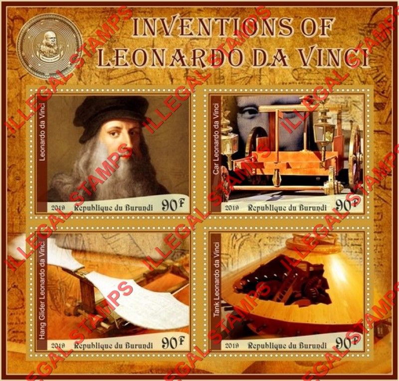 Burundi 2019 Leonardo da Vinci Inventions Counterfeit Illegal Stamp Souvenir Sheet of 4
