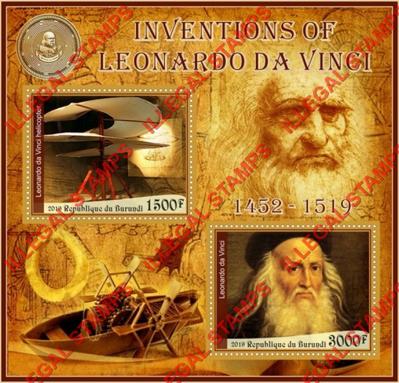 Burundi 2019 Leonardo da Vinci Inventions Counterfeit Illegal Stamp Souvenir Sheet of 2