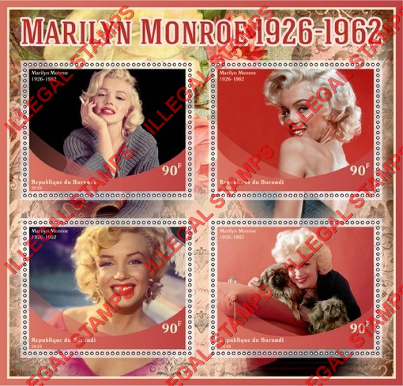 Burundi 2019 Marilyn Monroe (different) Counterfeit Illegal Stamp Souvenir Sheet of 4