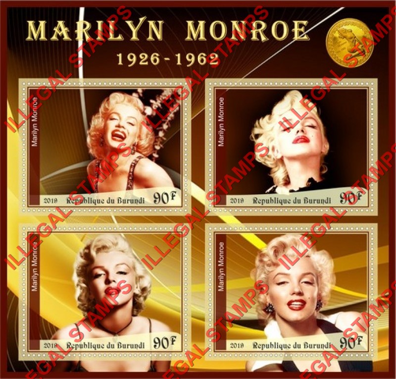 Burundi 2019 Marilyn Monroe Counterfeit Illegal Stamp Souvenir Sheet of 4