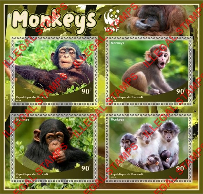 Burundi 2019 Monkeys World Wildlife Fund (WWF) Counterfeit Illegal Stamp Souvenir Sheet of 4