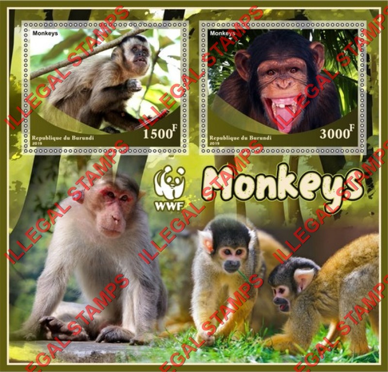 Burundi 2019 Monkeys World Wildlife Fund (WWF) Counterfeit Illegal Stamp Souvenir Sheet of 2