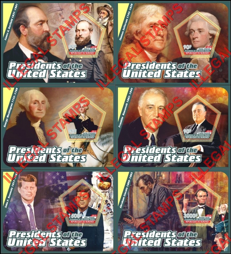 Burundi 2019 Presidents of the United States Counterfeit Illegal Stamp Souvenir Sheets of 1