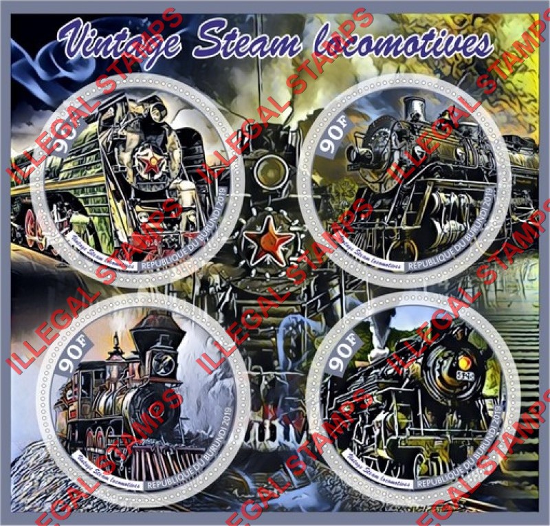 Burundi 2019 Vintage Steam Locomotives Counterfeit Illegal Stamp Souvenir Sheet of 4