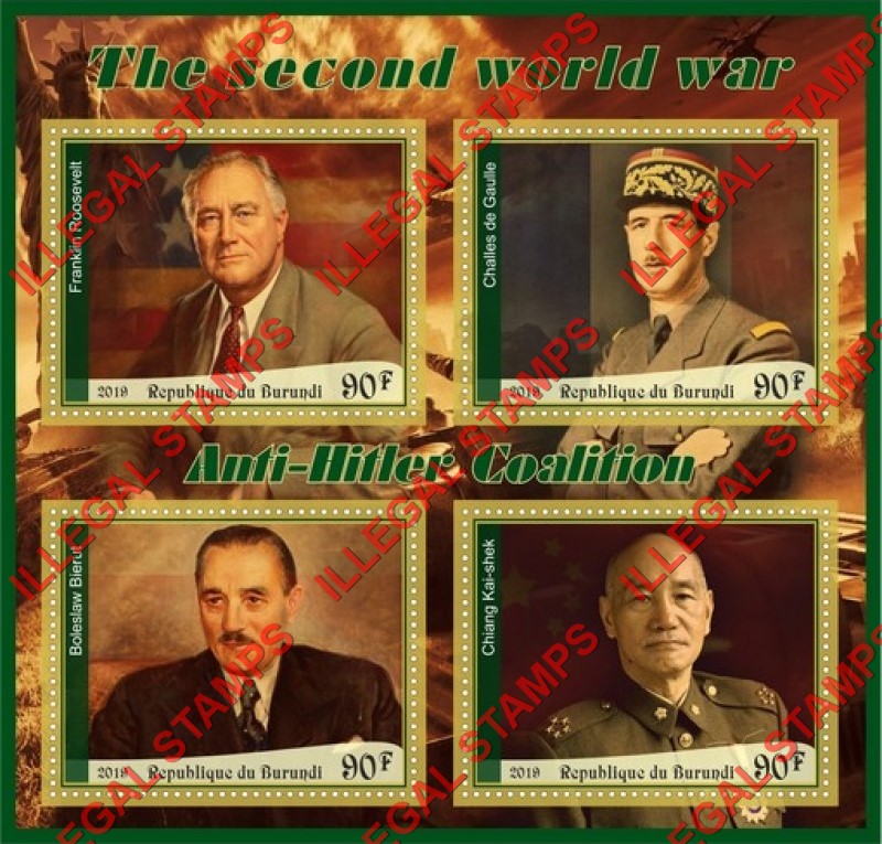 Burundi 2019 World War II Anti-Hitler Coalition Counterfeit Illegal Stamp Souvenir Sheet of 4