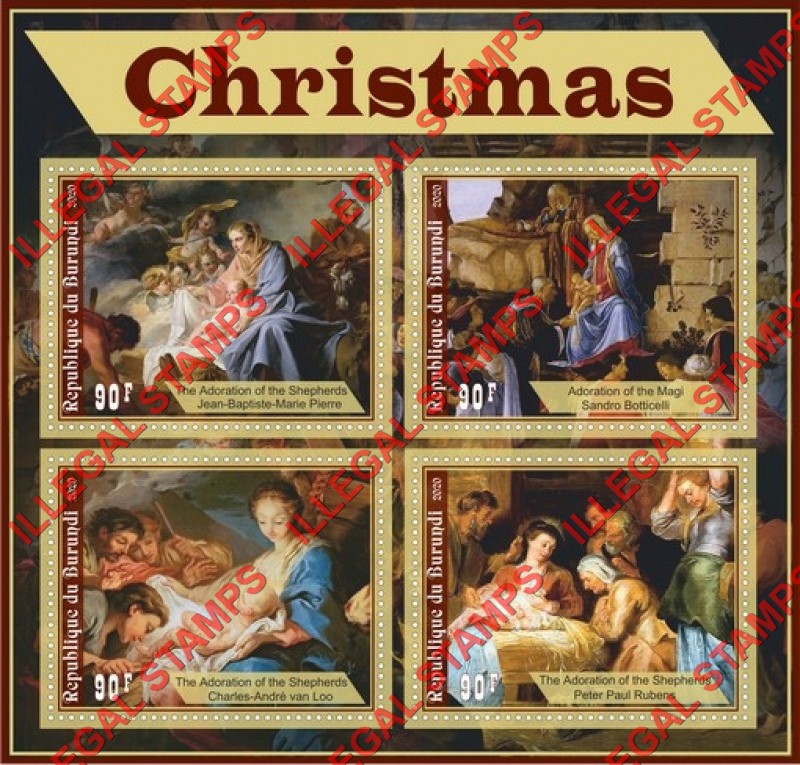 Burundi 2020 Christmas Paintings Counterfeit Illegal Stamp Souvenir Sheet of 4