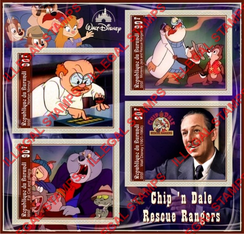 Burundi 2020 Disney Chip 'n Dale Rescue Rangers Counterfeit Illegal Stamp Souvenir Sheet of 4