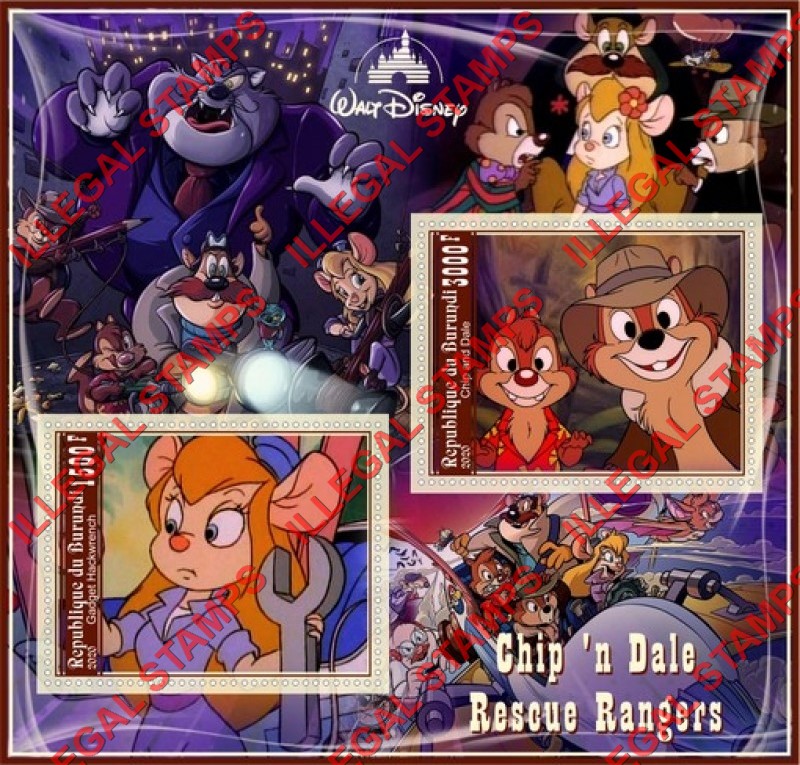 Burundi 2020 Disney Chip 'n Dale Rescue Rangers Counterfeit Illegal Stamp Souvenir Sheet of 2