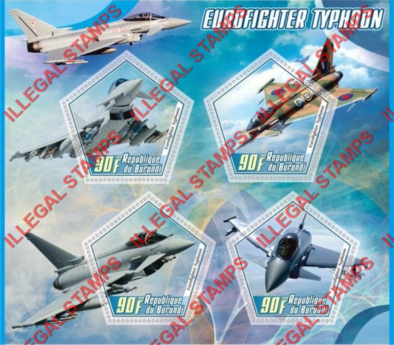 Burundi 2020 Military Aircraft Eurofighter Typhoon Counterfeit Illegal Stamp Souvenir Sheet of 4