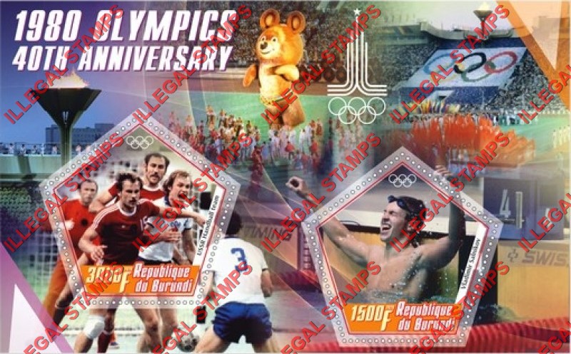 Burundi 2020 Olympic Games in Moscow in 1980 Counterfeit Illegal Stamp Souvenir Sheet of 2
