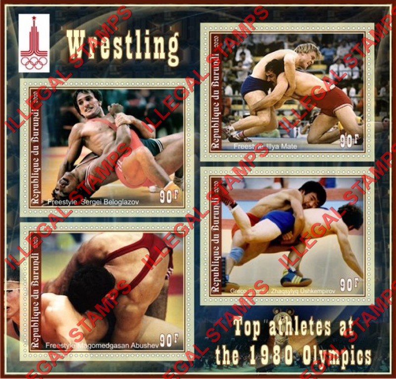 Burundi 2020 Olympic Games in Moscow in 1980 Wrestling Counterfeit Illegal Stamp Souvenir Sheet of 4